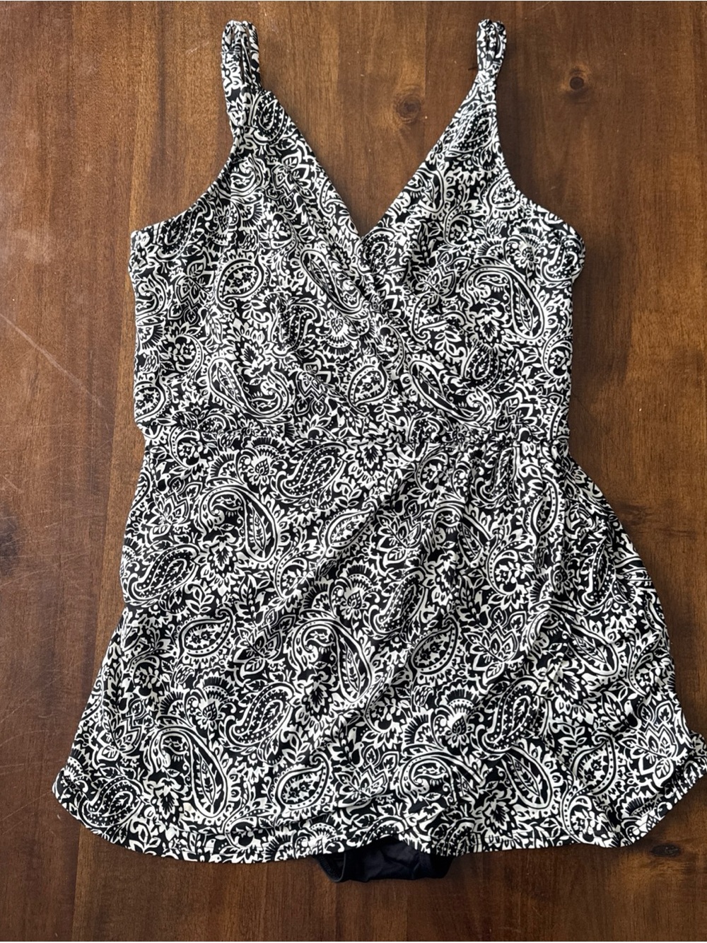 Lands End Swim Suit Black White One Piece Skirted Crossover Top L Modest